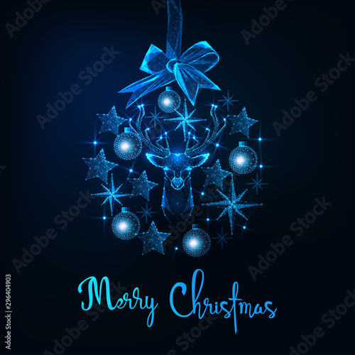 Christmas greeting card with bauble made of stars, deer head, toys and ribbon bow on dark blue.