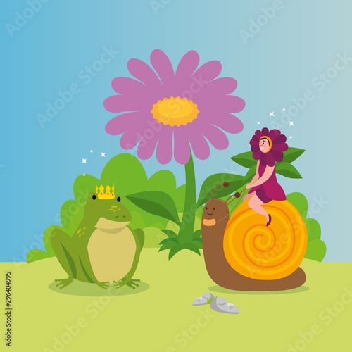 woman disguised flower with animals in scene fairytale vector illustration design