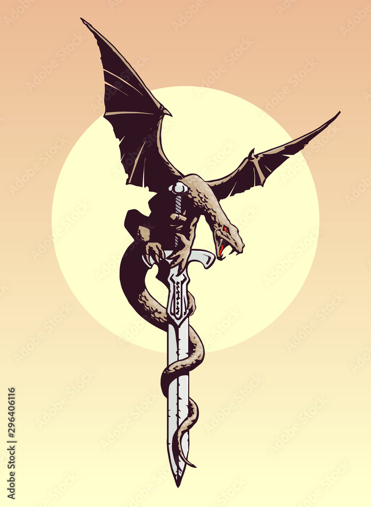 Fantasy Dragon with wings spread on a sword - vector illustration Stock ...