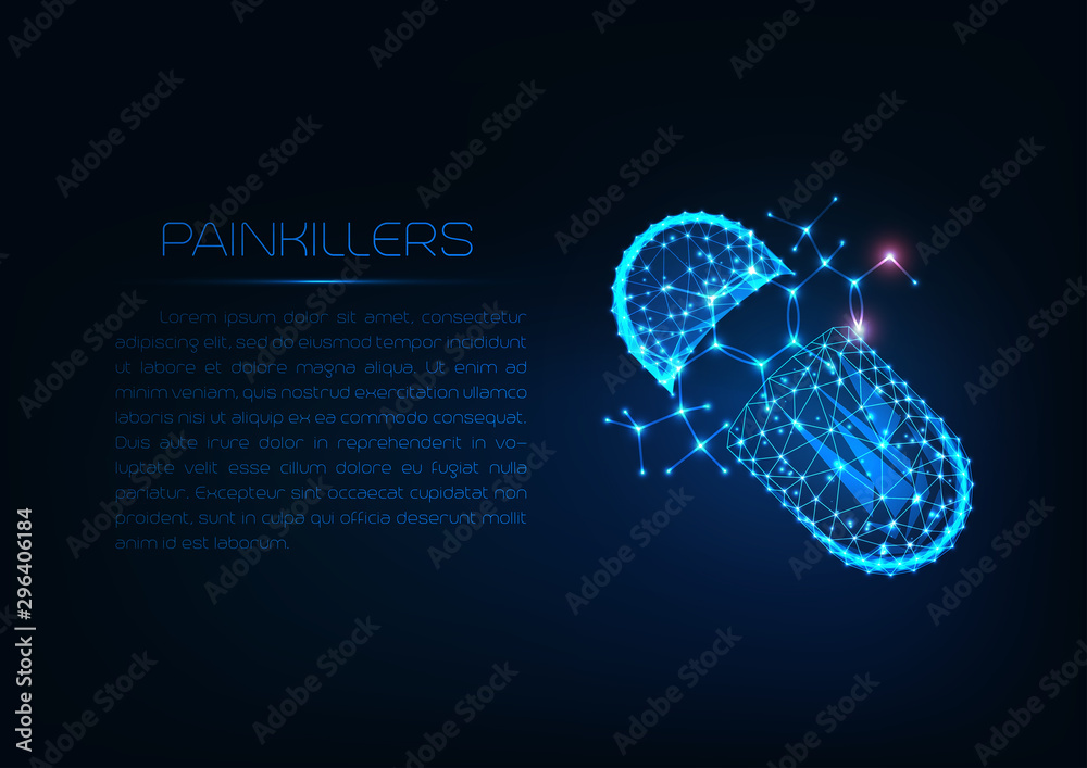 Futuristic glowing low polygonal pill capsule with painkiller ibuprofen structural formula. - obrazy, fototapety, plakaty 
