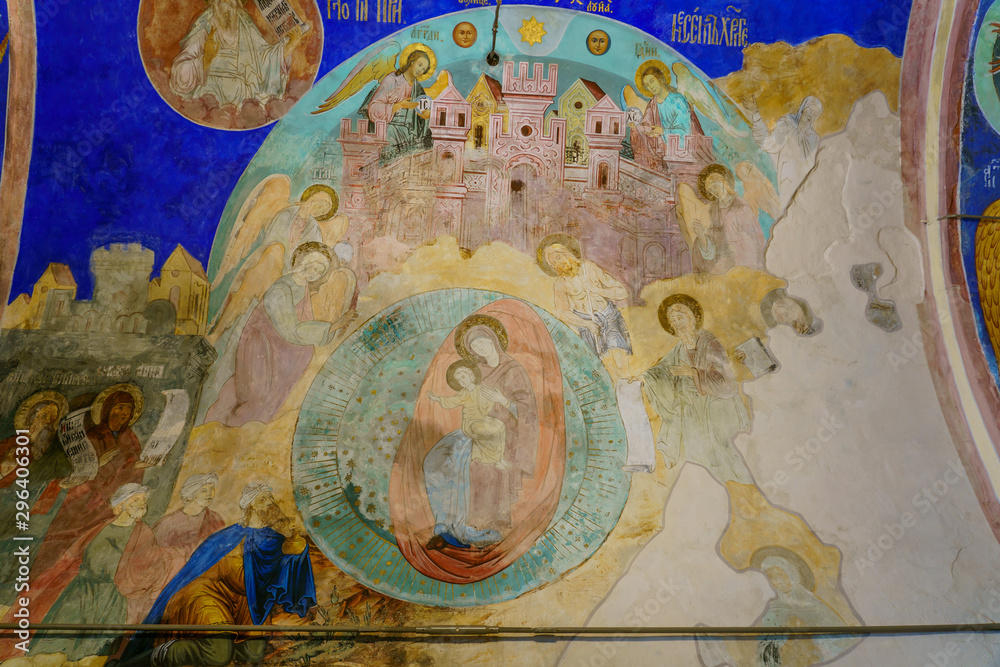 Frescoes of Cathedral of the Nativity in the Kremlin of Suzdal, well preserved old Russian town-museum. A member of the Golden ring of Russia
