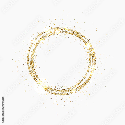 Glitter gold circle. Festive gold sparkle frame with space for text. Bright glittering star dust. Luxury design for Christmas and Birthday cards, wedding invitations, posters, web banners. Vector