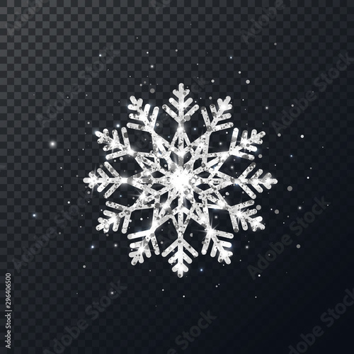 Silver glitter snowflake on transparent background. Shining Christmas snowflake with sparkles and stars. Winter holiday luxury decoration for cards, invitation, poster, banner. Vector illustration