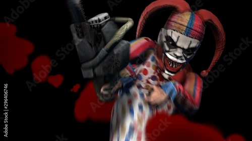 Creepy seamless animation of an horror clown with a chainsaw . Halloween background of a terror character with blood splashes. photo