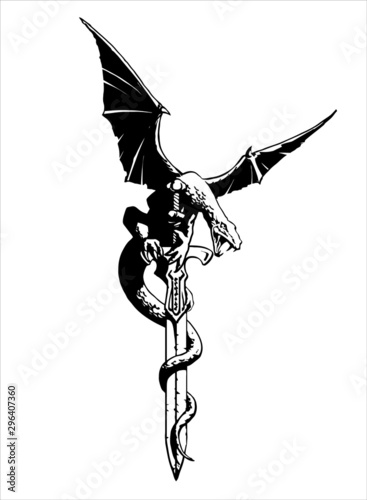 Fantasy Dragon with wings spread on a sword - vector illustration