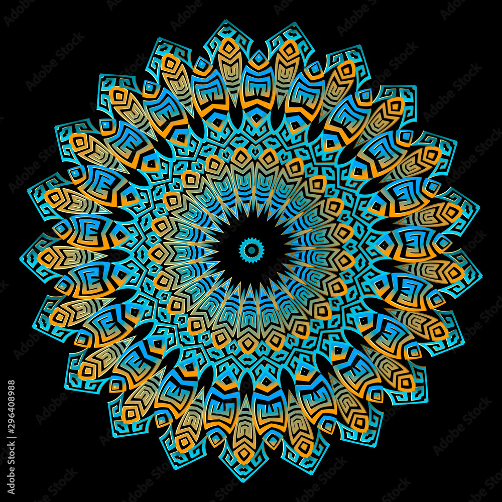 Beautiful modern greek ethnic style vector mandala pattern. Colorful ornamental geometric background. Abstract bright gradient backdrop. Decorative radial flower. Ornate greek key meander ornament.
