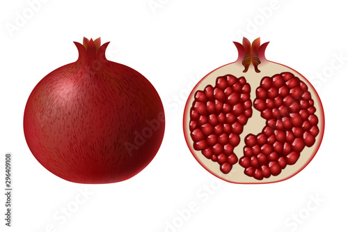 Set of pomegranate. Isolated half of ruby colorful pomegranate and whole round fruit on white background. Realistic colored slice of pomegranate with red seeds.
