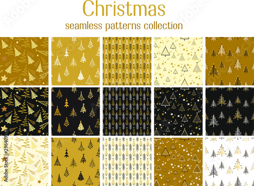 Set of fifteen seamless repeating patterns with christmas trees in black, gold and white. 