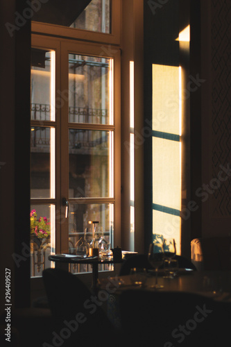 Window of a restaurant at golden hour