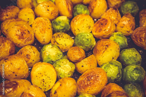 Food photography - roasted potatoes and brussels sprouts 