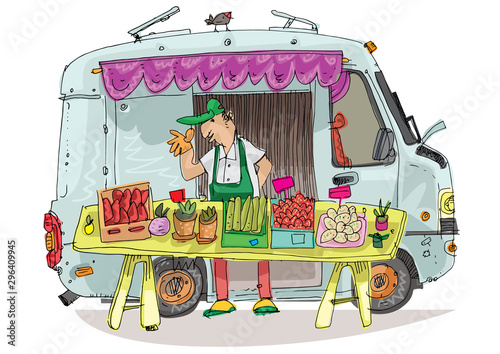 cute white minibus trailer on food market with market stall full of vegetables and fruits in front of it. Cartoon. Caricature.