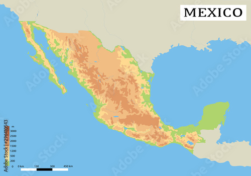 Mexico. Detailed physical map of country colored according to elevation, with rivers, lakes, mountains. Topography and geographi map of Mexico. Vector illustration.