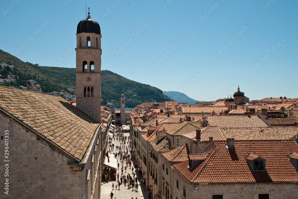 Areal view of the Main street Stradun in the old town in Dubrovnik, Croatia. The limestone-paved pedestrian street runs some 300 metres through the Old Town