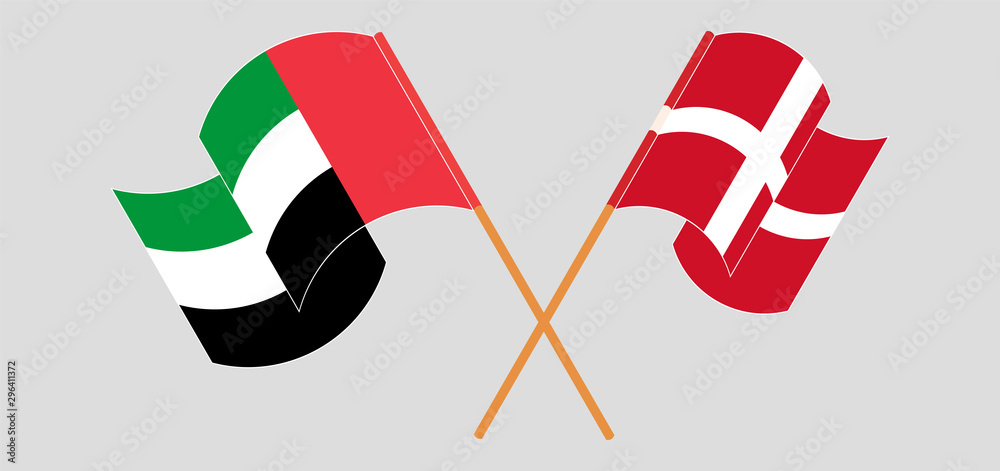 Crossed and waving flags of the United Arab Emirates and Denmark Crossed and waving flags of the United Arab Emirates and Denmark