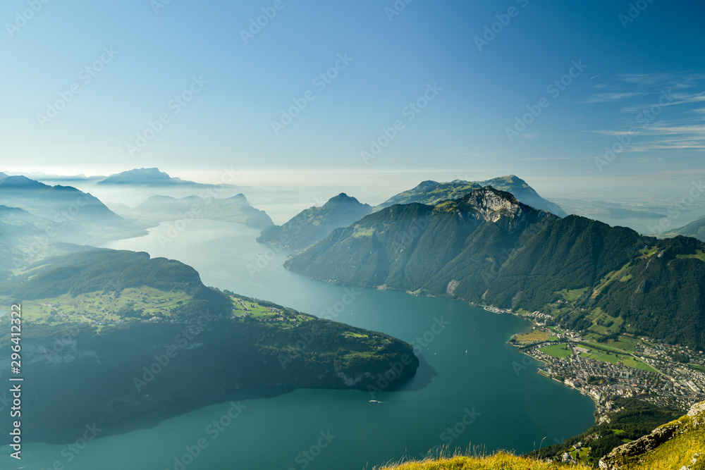 Beauitufl view on Swiss Alps and Lake Lucerne as seen from top of Fronalpstock close to Stoos village