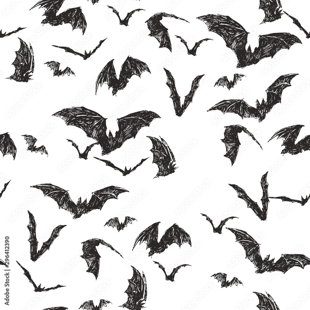 Vector seamless pattern with flock of bats isolated on white. Hand drawn texture with symbol of All Saints Day. Halloween background