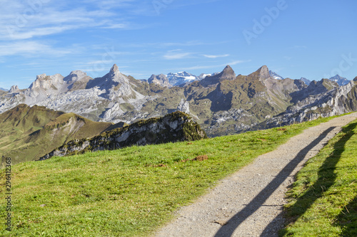 View on Swiss Alps as seen from Fronalpstock peak above the Stoos village photo