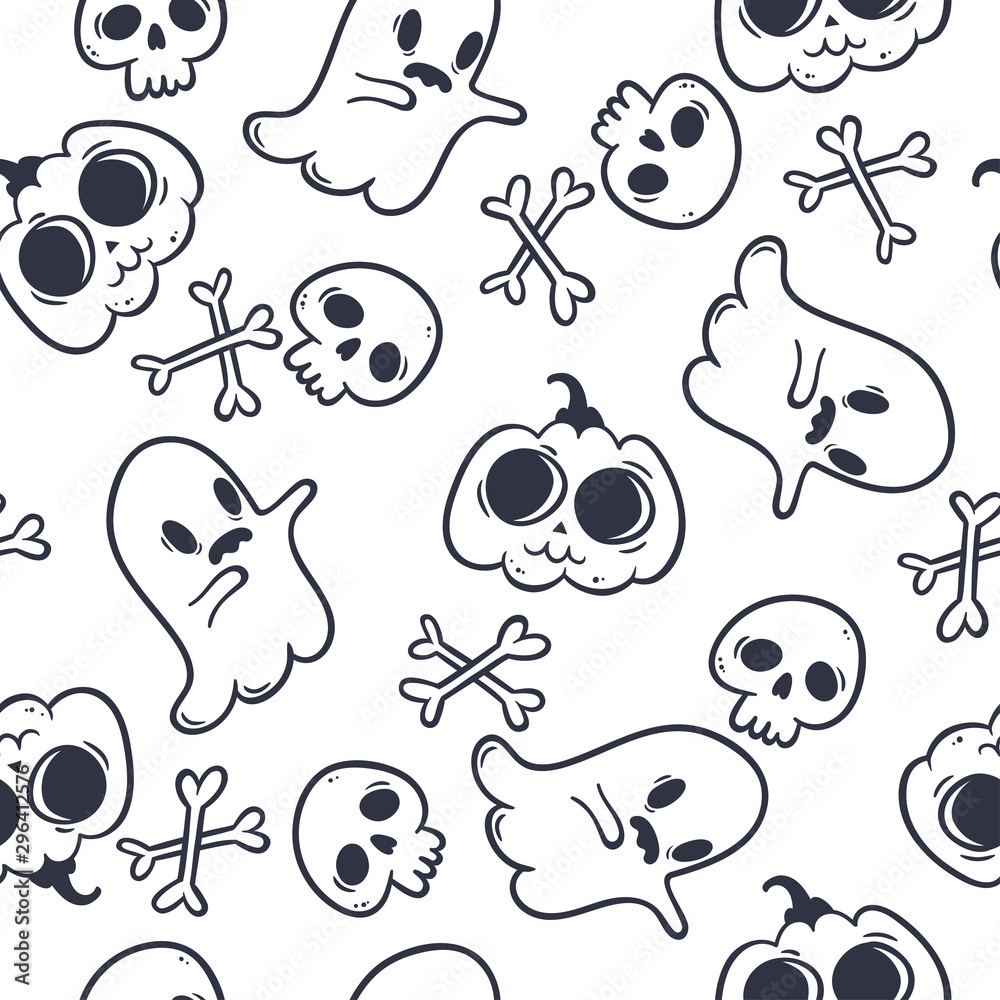 Vector seamless pattern with cute Halloween symbols isolated on white.  Texture with funny cartoon characters for design of All Saints Day. Doodle  art with skull, ghost and pumpkin in kawaii style Stock