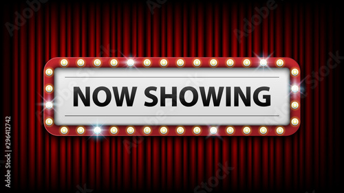 Now showing with electric bulbs frame on red curtain background, vector illustration