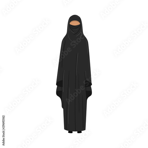 Muslim girl in a traditional ethnic black niqab. Vector illustration in flat cartoon style.