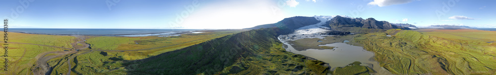 360 degrees Icelandic aerial landscape. 360 panorama of the Fjallsarlon glacier and the lagoon on a sunny day. 360 degrees Icelandic aerial landscape. 360 panorama of the Fjallsarlon glacier and the lagoon on a sunny day.