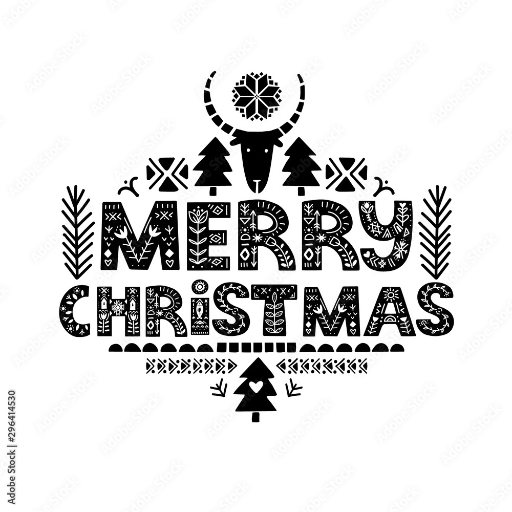 Fototapeta premium Lettering Merry Christmas in ethnic folk style. 