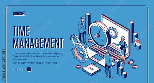 Time management landing page. Laptop with office gears and watches, task prioritizing, organization for effective productivity. Optimization planning time isometric vector illustration line art banner