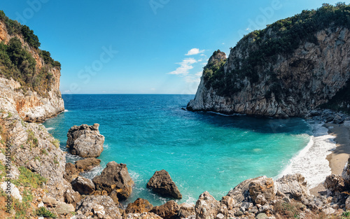 Fototapeta Naklejka Na Ścianę i Meble -   Aegean turquoise beach, rocky beach in the Mediterranean, Fakistra, Pelion, Greece