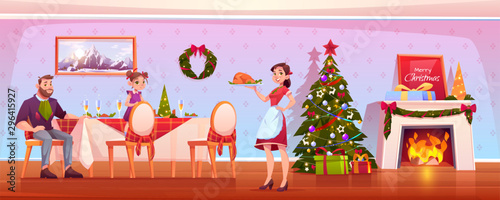 Family Christmas dinner, happy people celebrating holiday, father and daughter sitting at table mother carry tray with turkey in room with decorated fir tree and fireplace. Cartoon vector illustration