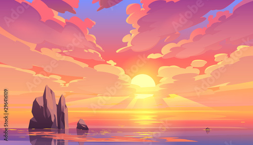 Foto Sunset or sunrise in ocean, nature landscape background, pink clouds flying in sky to shining sun above sea with rocks sticking up of water surface