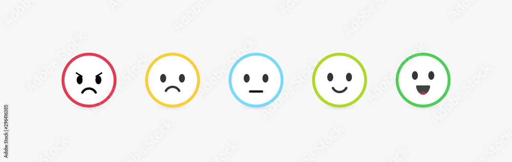 Set of vector emoticons with different emotions. Feedback scale, customer review and assessment of goods or services quality. Round emoji with bright colorful contour, vector flat illustration. Set of vector emoticons with different emotions. Feedback scale, customer review and assessment of goods or services quality. Round emoji with bright colorful contour, vector flat illustration.