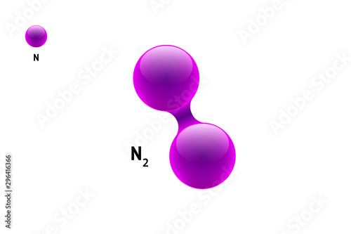 Chemistry model molecule nitrogen N2 scientific element formula. Integrated particles natural inorganic 3d azote molecular structure consisting. Two volume atom vector spheres