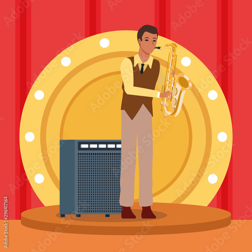 cartoon saxophonist in stage, Jazz music band design