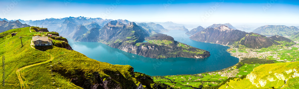 Fantastic view to Lake Lucerne with Rigi and Pilatus mountains, Brunnen town from Fronalpstock, Switzerland, Europe