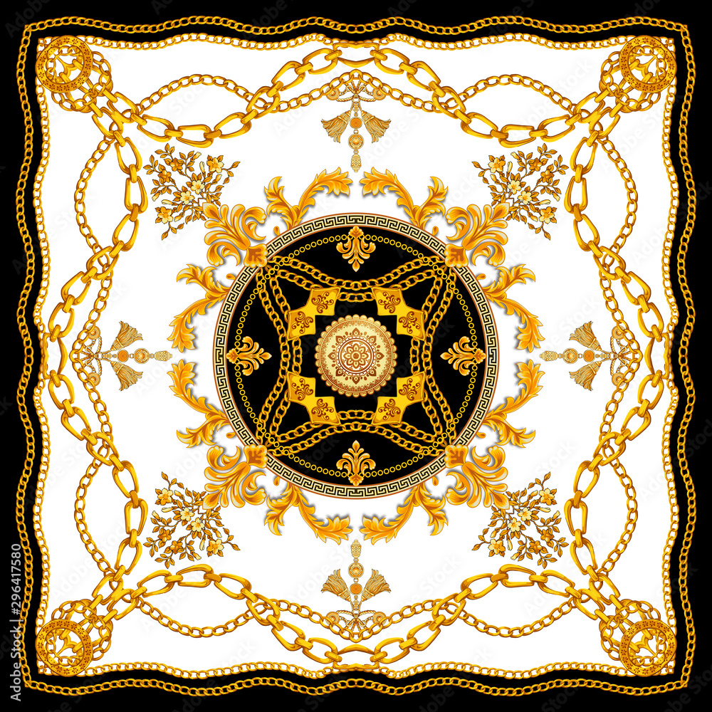 Golden Baroque with Chains on White Background. Versace Style Pattern Ready  for Textile. Scarf Design for Silk Print. Stock Illustration | Adobe Stock