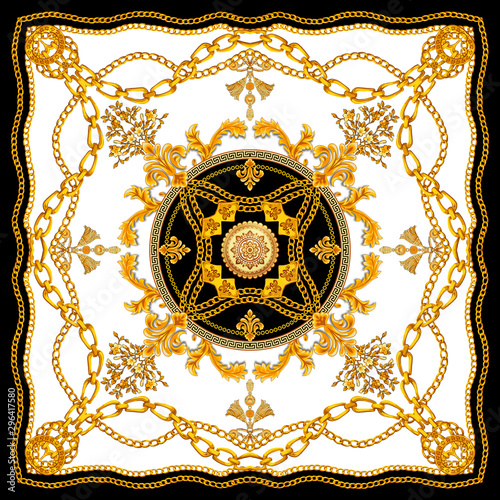 Versace Style Pattern Ready for Textile. Scarf Design for Silk Print.  Golden Baroque with Chains on Dark Blue Background Stock Illustration -  Illustration of decorative, fashion: 161582332
