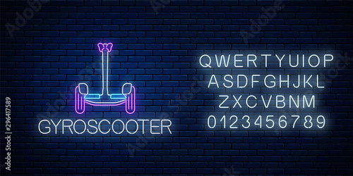 Glowing neon sign of electric gyroscooter with alphabet. Two-wheeled gyro-scooter eco transport. Vector illustration.