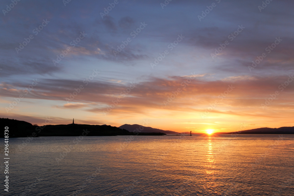 Sunset over Oban Bay and the entrance to Oban harbour