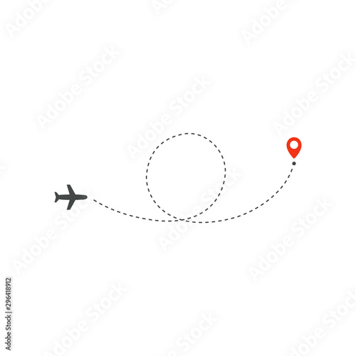 Plane way icon, airplane circle ring path direction and destination red point, logo design template, holiday trip vector illustration template on white background.