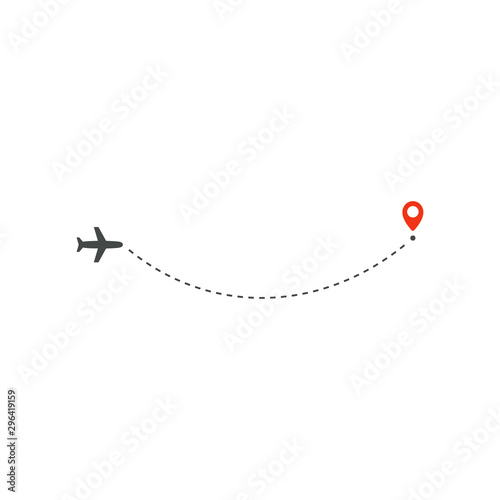 Plane way icon, airplane arc path line direction and destination red point, logo design template, holiday trip vector illustration template on white background.