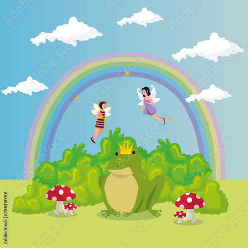 cute toad with rainbow in scene fairytale vector illustration design