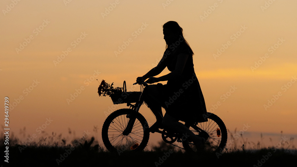 Fototapeta premium Young woman silhouette arrange flowers bouquet on bike basket, girl ride, sunset