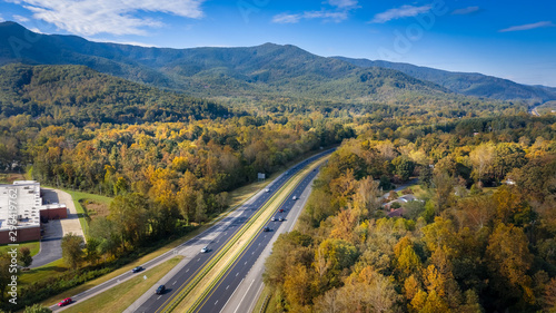 Aerial view road I-40 in North Carolina leading to Asheville during the Fall from Black Mountain