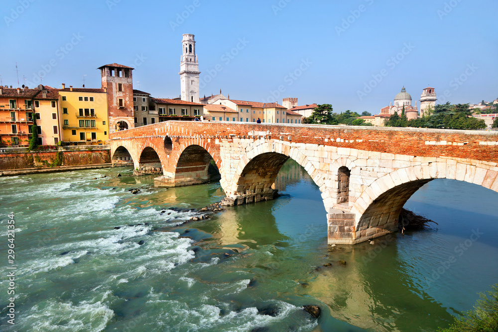 View of Adige river and St Peter bridge, Verona, Italy.