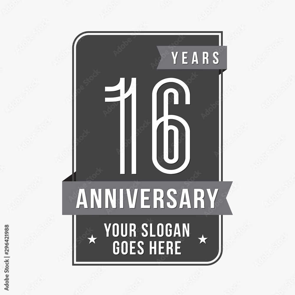 16 years anniversary design template. Sixteen years celebration logo. Vector and illustration. 
