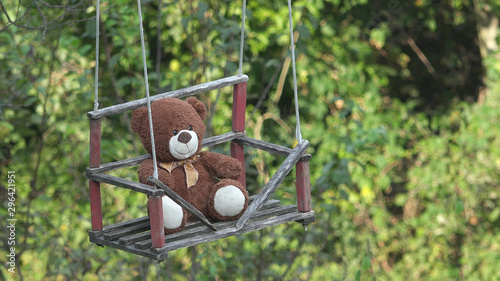Isolated teddy bear toy on swing in garden, waiting a friend