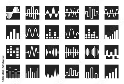 Waves icon set. Sound wave, music and radio wave curves logo template. Isolated vector emblems.
