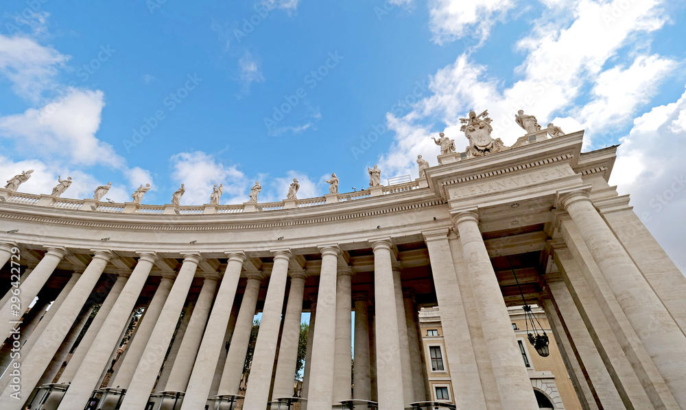 Wide-angle up view of San Pietro Papal Basilica in Vatican
