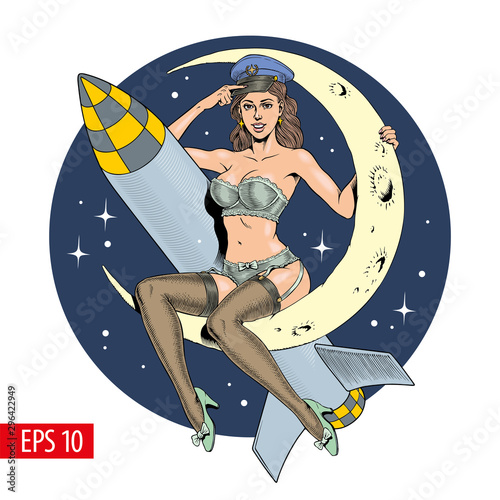 A vintage sexy woman sitting on the crescent moon with a missile or rocket. Vector illustration.