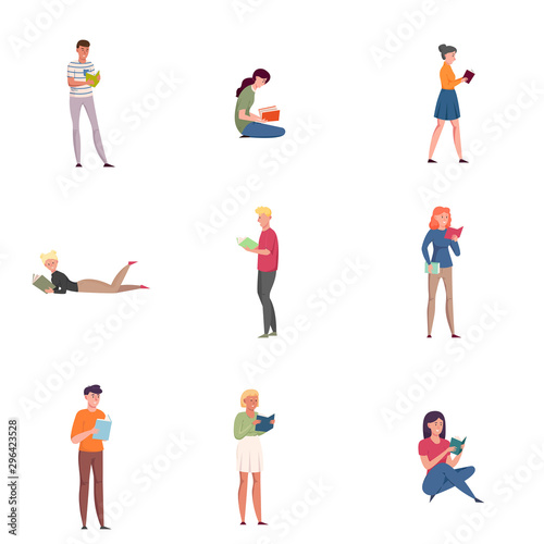 A set of young people reading books in different poses. Vector illustration in flat cartoon style.